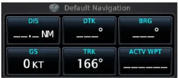 Default Navigation DIS ____.____NM DTK ____° BRG ____° GS 0 KT TRK 166° ACTV WPT ______