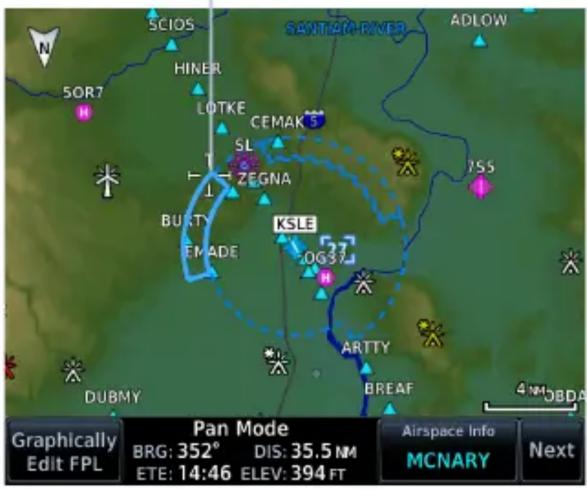SCIOS SANTANA RIVER ADLOW 50R7 HINER LOTKE CEMAKS SL ZEGNA BURRY KSL EMADE DOG37 ARTTY BREAF DUBMY Graphically Edit FPL Pan Mode BRG: 352° DIS: 35.5 NM ETE: 14:46 ELEV: 394 FT Airspace Info MCNARY Next