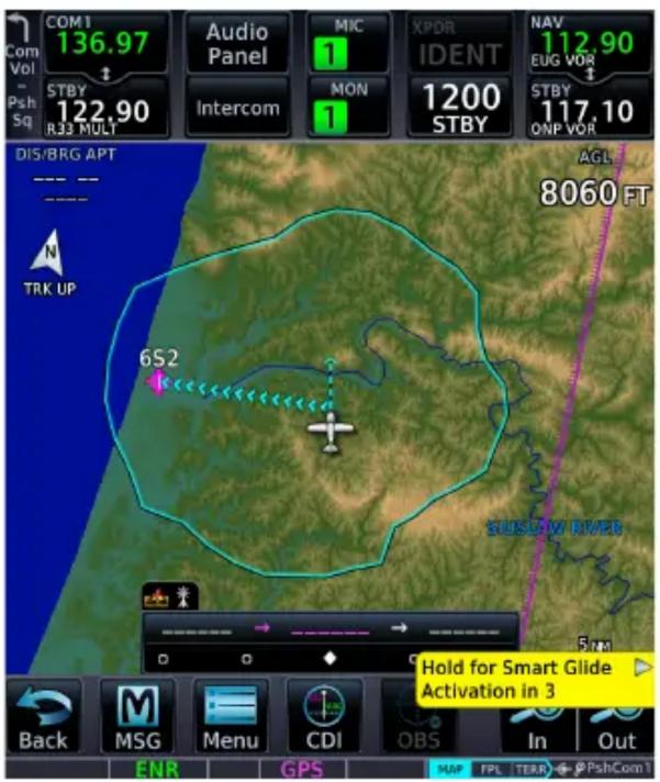 COM1 136.97 Audio Panel MIC 1 XPDR IDENT NAV 112.90 EUG VOR STBY 122.90 Intercom MON 1 STBY STBY 1200 ONP VOR 117.10 DIS/BRG APT AGL 8060 FT N TRK UP 652 SUSLOW RIVER Size Hold for Smart Glide Activation in 3 Back MSG Menu CDI OBS In Out ENR GPS MAP FPL TERR PshCom1