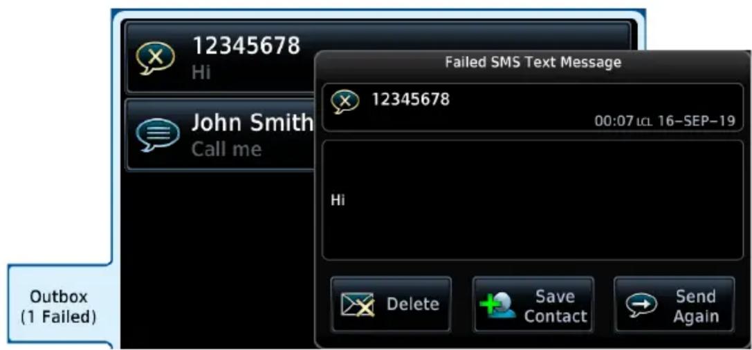 12345678 Hi John Smith Call me Failed SMS Text Message 12345678 00:07 uL 16-SEP-19 Hi Outbox (1 Failed) Delete Save Contact Send Again