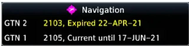 Navigation GTN 2 2103, Expired 22-APR-21 GTN 1 2105, Current until 17-JUN-21