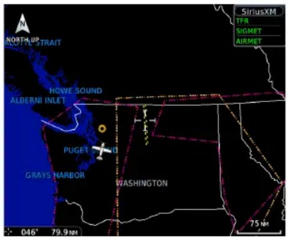NORTH UP ROTTLE STRAIT HOWE SOUND ALBERNI INLET PUGET SOUND GRAYS HARBOR WASHINGTON SIRIUSXM TFR SIGMET AIRMET 046° 79.9 Nm 75 Nm