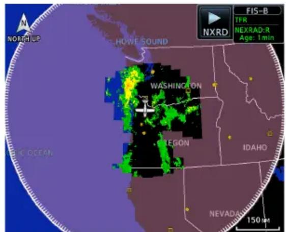 NORTH UP HOWE SOUND WASHINGTON WICHIG OCEAN TEGON IDAHO NEVADA 150 m FIS-B TFR NEXRAD:R Age: 1 min NXRD