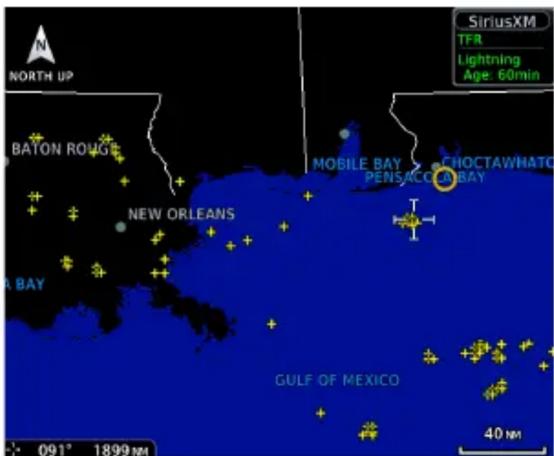 NORTH UP BATON ROUGE NEW ORLEANS A BAY MOBILE BAY PENSACO BAY CROCTAWHATO GULF OF MEXICO 40 NM 091° 1899 NM SiriusXM TFR Lightning Age: 60min