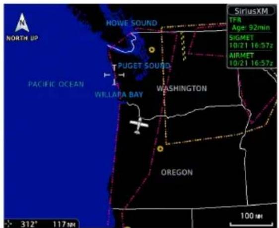 NORTH UP HORVE SOUND PUGET SOUND WILLARA BAY WASHINGTON OREGON 312° 117 N SIRUSXM TFR Age: 92min SIGMET 10/21 16:57z AIRMET 10/21 16:57z 100 m