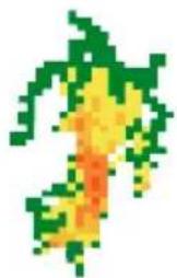 Pixelated illustration of a stylized flame or tree with green and yellow colors (no text or symbols)
