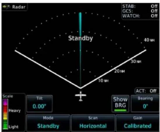 Radar Standby 40 NM 30 NM 20 NM 10 NM Scale Tilt 0.00° Heavy Light Mode Standby Scan Horizontal Gain Calibrated STAB: Off GCS: Off WATCH: Off ACT: Off Show BRG Bearing 0°