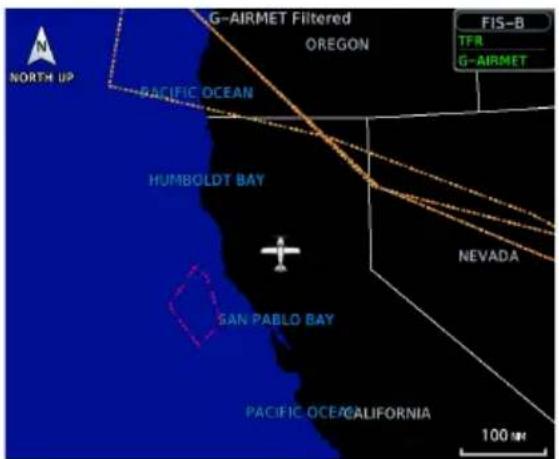 G-AIRMET Filtered OREGON FIS-B TFR G-AIRMET NORTH UP PACIFIC OCEAN HUMBOLDT BAY NEVADA SAN PABLO BAY PACIFIC OCE/CALIFORNIA 100 M
