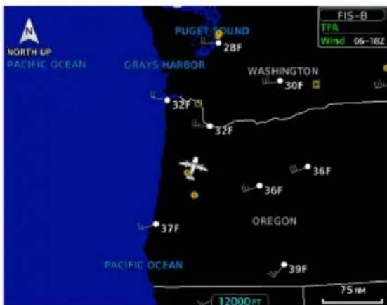 NORTH UP PACIFIC OCEAN GRAYS HARBOR PUGET SOUND 28F WASHINGTON 30F 32F 32F 36F 36F 37F OREGON 39F PACIFIC OCEAN 12000 FT 75 nm FIS-B TFR Wind 06-18Z