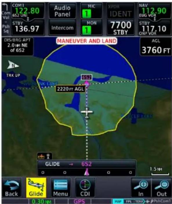 COM1 6S2 UNI STBY 136.97 Audio Panel MIC 1 MON 1 XPDR IDENT 7700 STBY NAV 112.90 EUG VOR STBY 117.10 ONP VOR DIS/BRG APT 2.0 NM NE of 6S2 MANEUVER AND LAND AGL 3760 FT TRK UP WJSPINK LANE 6S2 2220 FT AGL FLUER LANE GLIDE → 6S2 1.5 NM Back Glide Menu CDI In Out 0.30 NM GPS MAP TPL TEMP → PShComT