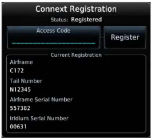 Connext Registration Status: Registered Access Code Register Current Registration Airframe C172 Tail Number N12345 Airframe Serial Number 557382 Iridium Serial Number 00631
