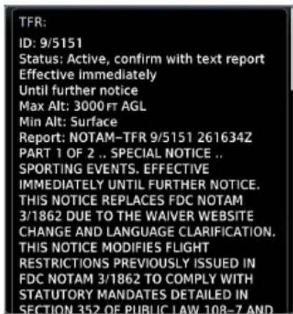 TFR: ID: 9/5151 Status: Active, confirm with text report Effective immediately Until further notice Max Alt: 3000 FT AGL Min Alt: Surface Report: NOTAM-TFR 9/5151 261634Z PART 1 OF 2 .. SPECIAL NOTICE .. SPORTING EVENTS. EFFECTIVE IMMEDIATELY UNTIL FURTHER NOTICE. THIS NOTICE REPLACES FDC NOTAM 3/18…