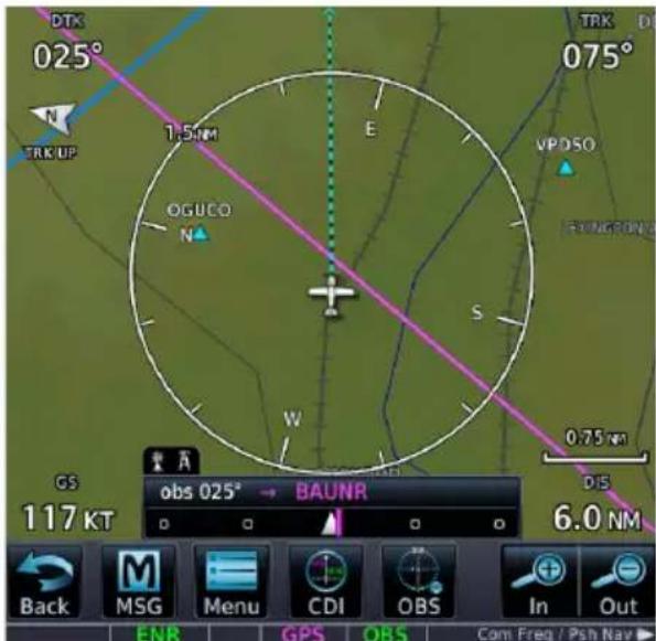 DTK 025° TRK 075° 1.5nm E VPOSO OGUCO N S W 0.75nm GS obs 025° → BAUNR 117 KT DIS 6.0 nm Back MSG Menu CDI OBS In Out ENR GPS OBS Com Freq / Psh Nav