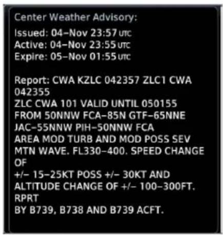 Center Weather Advisory: Issued: 04-Nov 23:57 urc Active: 04-Nov 23:55 urc Expire: 05-Nov 01:55 urc Report: CWA KZLC 042357 ZLC1 CWA 042355 ZLC CWA 101 VALID UNTIL 050155 FROM 50NNW FCA-85N GTF-65NNE JAC-55NNW PIH-50NNW FCA AREA MOD TURB AND MOD POSS SEV MTN WAVE. FL330-400. SPEED CHANGE OF +/- 15-2…