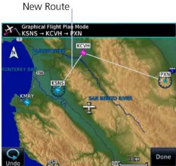 New Route Graphical Flight Plan Mode KSNS → KCVH → PXN KCVH PXN MONTEREY BAS 150 KSNS KMRY SAN BERTO AMER B5R 10km Done Undo