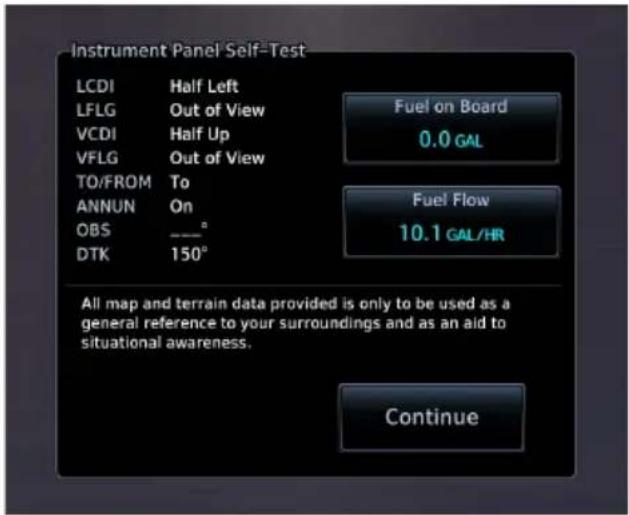 Instrument Panel Self-Test LCDI Half Left LFLG Out of View VCDI Half Up VFLG Out of View TO/FROM To ANNUN On OBS ----° DTK 150° Fuel on Board 0.0 GAL Fuel Flow 10.1 GAL/HR All map and terrain data provided is only to be used as a general reference to your surroundings and as an aid to situational aw…