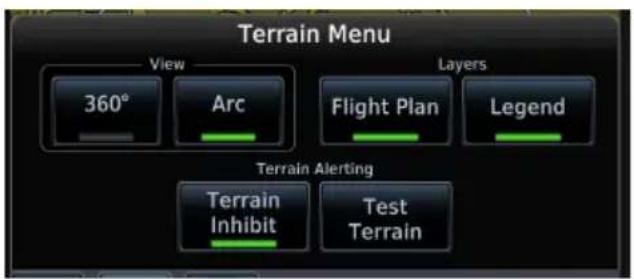 Terrain Menu View 360° Arc Layers Flight Plan Legend Terrain Alerting Terrain Inhibit Test Terrain