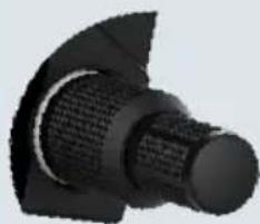 Close-up of a black mechanical component with threaded end and flange (no visible text or symbols)