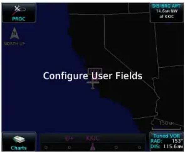 PROC NORTH UP Configure User Fields DIS/BRG APT 14.6m NW of KKIC 150nm Tuned VOR RAD: 153° DIS: 115.6 nm Charts