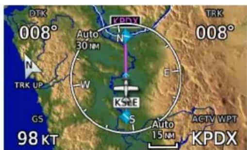 DTK 008° Auto 30 NM N TRK UP GS 98 KT KDPX KSE S Auto 15 NM E ATV WPT 008° TRK KPDX