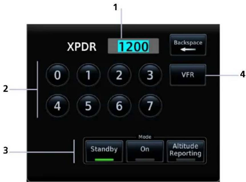 XPDR 1200 Backspace 0 1 2 3 VFR 4 3 Mode Standby On Altitude Reporting