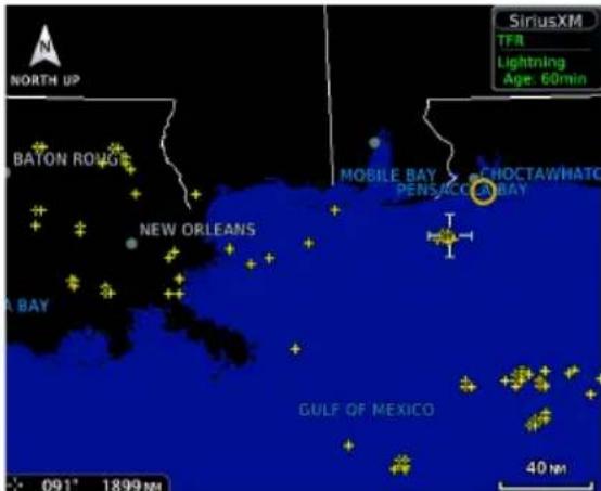 NORTH UP BAYON ROUG NEW ORLEANS A BAY MOBILE BAY PENS/ACCEAM BAY SIRIUSXM TFR Lightning Age: 60min GULF OF MEXICO 40 nm 091° 1899 NM