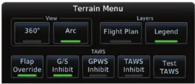 Terrain Menu View 360° Arc Layers Flight Plan Legend TAWS Flap Override G/S Inhibit GPWS Inhibit TAWS Inhibit Test TAWS