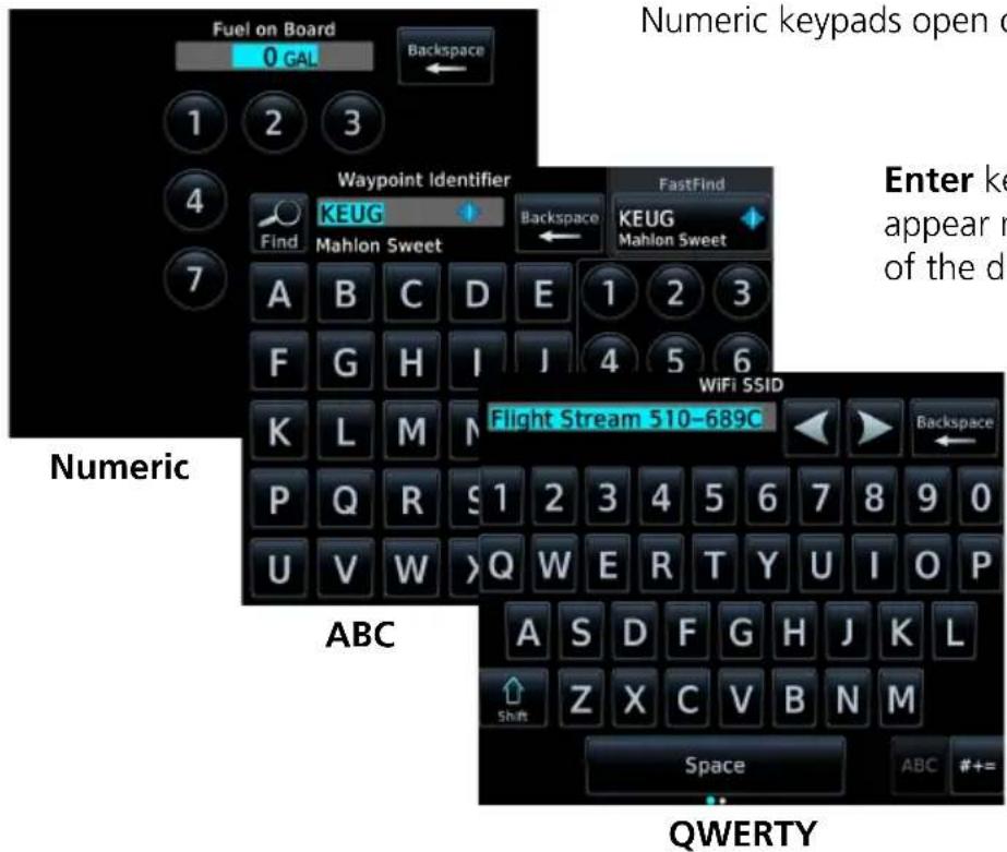 Fuel on Board 0 GAL Backspace 1 2 3 4 Waypoint Identifier KEUG Find Mahlon Sweet A B C D E 1 2 3 F G H I J 4 5 6 K L M N ABC Numeric Enter keys appear n of the di FastFind KEUG Mahlon Sweet WiFi SSID Flight Stream 510-689C Backspace A S D F G H J K L Shift Z X C V B N M Space ABC # QWERTY