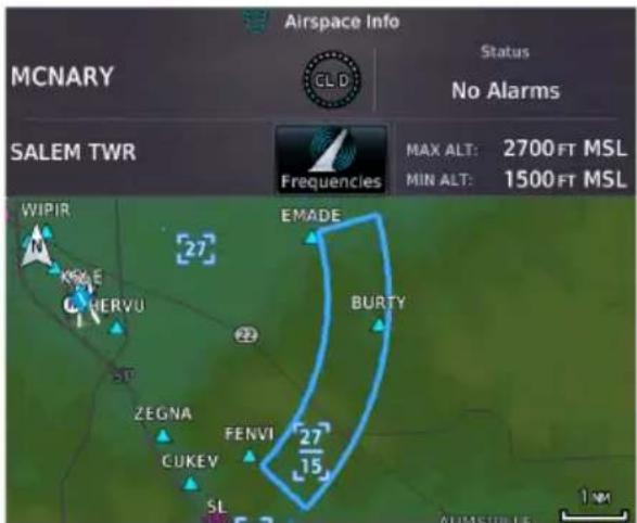 Airspace Info MCNARY Status CL D No Alarms SALEM TWR Frequencies MAX ALT: 2700 FT MSL MIN ALT: 1500 FT MSL WIPIR 27 EMADE BURTY KSE C NERVU ST ZEGNA FENVI CUKEV 27/15 SL 1 km