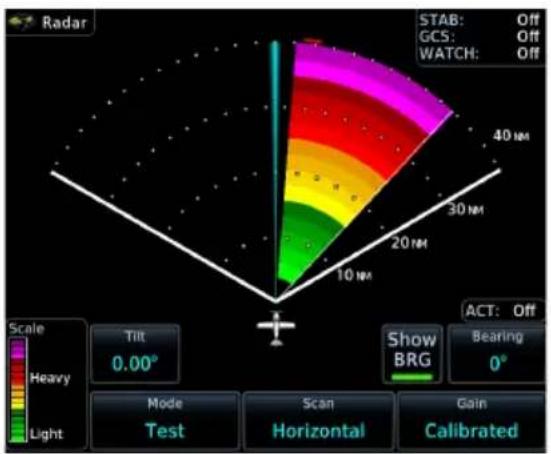 Radar STAB: Off GCS: Off WATCH: Off 40 NM 30 NM 20 NM 10 NM Scale Heavy Light Tilt 0.00° Mode Test Scan Horizontal Gain Calibrated Show BRG ACT: Off Bearing 0°