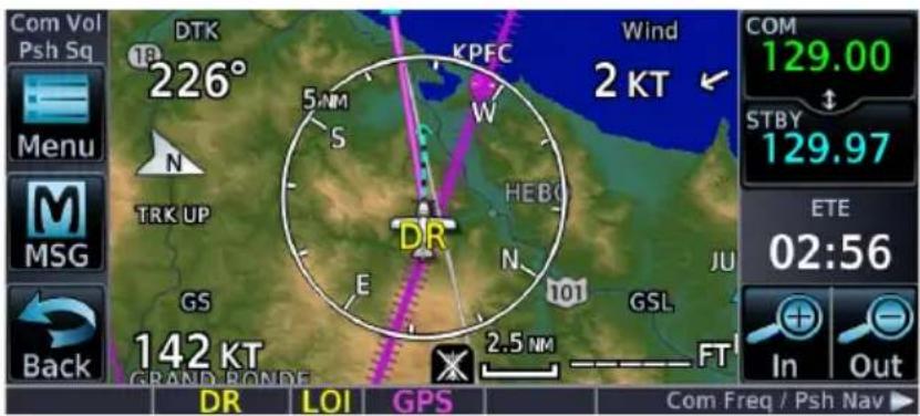 Com Vol Psh Sq DTK 226° 5 NM S KPEC W HEBC N E DR 2.5 NM STBY 129.97 ETE 02:56 Back 142 KT GRAND BONDE DR LOI GPS Com Freq / Psh Nav