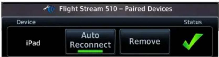 Flight Stream 510 - Paired Devices Device Status iPad Auto Reconnect Remove