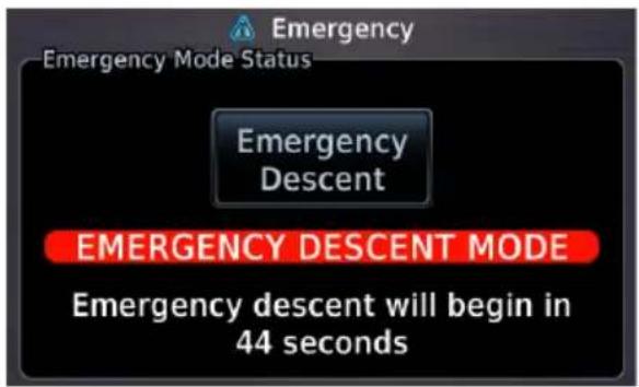 Emergency Emergency Mode Status Emergency Descent EMERGENCY DESCENT MODE Emergency descent will begin in 44 seconds