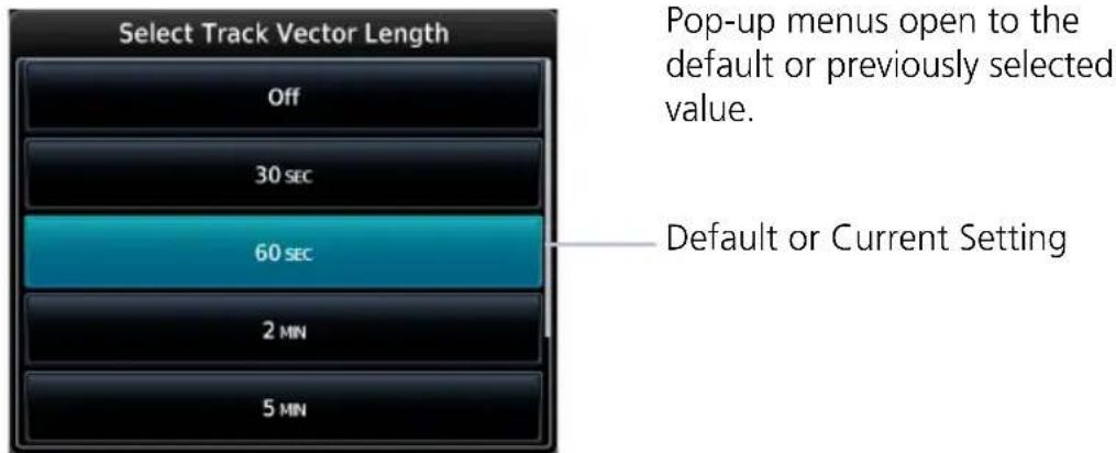 Select Track Vector Length Off 30 sec 60 sec 2 MIN 5 MIN Pop-up menus open to the default or previously selected value. Default or Current Setting