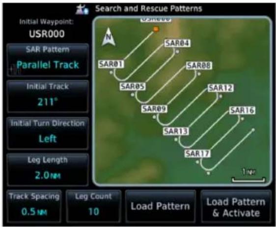 Search and Rescue Patterns Initial Waypoint: USR000 SAR Pattern Parallel Track Initial Track 211° Initial Turn Direction Left Leg Length 2.0 NM Track Spacing 0.5 NM Log Count 10 Load Pattern Load Pattern & Activate