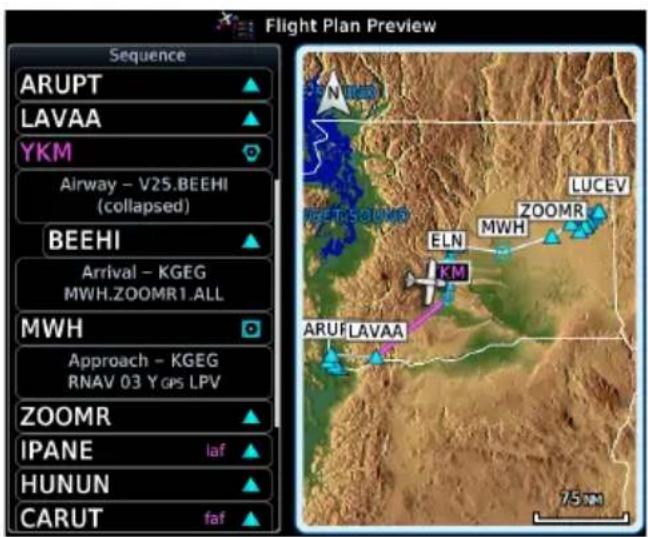 Flight Plan Preview Sequence ARUPT LAVAA YKM Airway - V25.BEEHI (collapsed) BEEHI Arrival - KGEG MWH.ZOOMR1.ALL MWH Approach - KGEG RNAV 03 Y GPS LPV ZOOMR IPANE HUNUN CARUT laf 7.5 km LUCEV ZOOMR ELN KM ARUFLAVAA