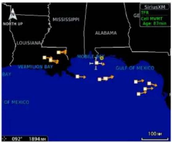 NORTH UP MISSISSIPPI GE ALABAMA LOUISIANAT VERMILION BAY MOBILE BAY 1 GULF OF MEXICO BAY OF MEXICO SIRIUSXM TFR Cell MVMT Age: 87min 092° 1894 m 100 m