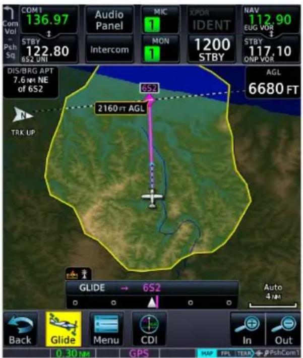 COM Vol Psh Sq STBY 6S2 UNI Audio Panel MIC 1 MON 1 XPDR IDENT 1200 STBY NAV 112.90 EUG VOR STBY 117.10 ONP VOR DIS/BRG APT 7.6 NM NE of 6S2 AGL 652 2160 FT AGL TRK UP GLIDE → 6S2 Auto 4 NM Back Glide Menu CDI In Out 0.30 NM GPS HAP TPL (TEMP) PshCom1