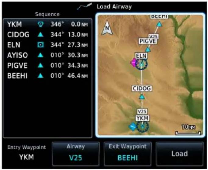 Sequence YKM 346° 0.0 NM CIDOG 344° 13.0 NM ELN 344° 27.3 NM AYISO 010° 30.3 NM PIGVE 010° 34.3 NM BEEHI 010° 46.4 NM Load Airway BEEHI V25 PIGVE ELN CIDOG V25 YKM 10 NM Entry Waypoint Airway Exit Waypoint YKM V25 BEEHI Load