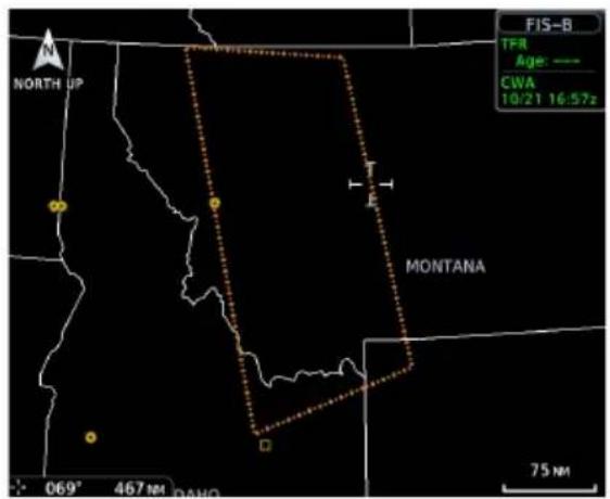 FIS-B TFR Age: —— CWA 10/21 16:57z NORTH UP MONTANA 069° 467 NM DAHO 75 NM