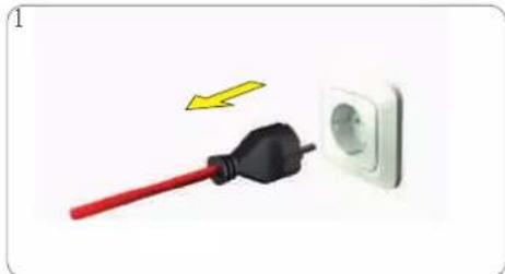 Electrical plug with red cable and black connector next to a white socket, with a yellow arrow indicating direction (no text or symbols)