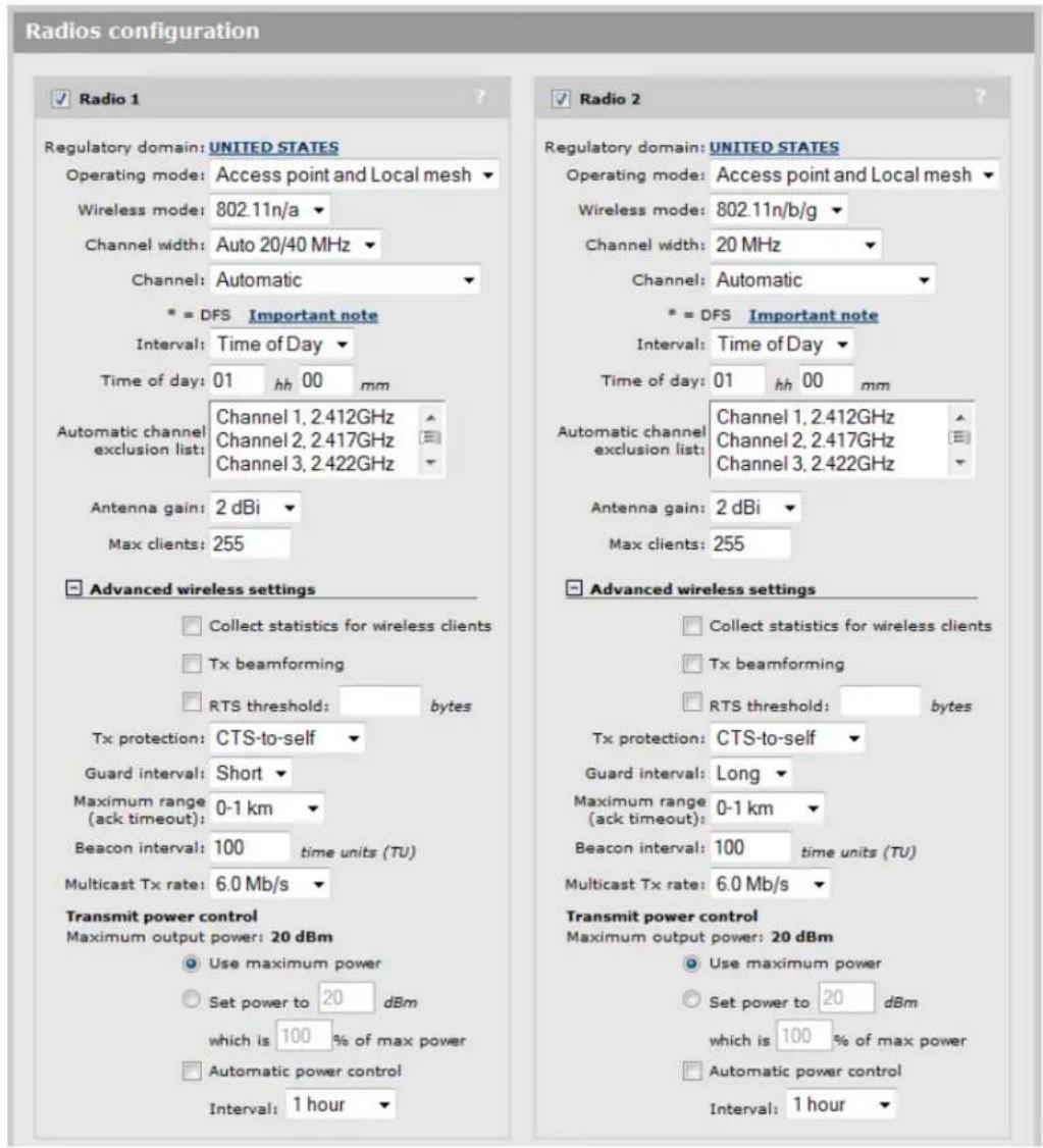 Radios configuration ✓ Radio 1 Regulatory domain: UNITED STATES Operating mode: Access point and Local mesh Wireless mode: 802.11n/a Channel width: Auto 20/40 MHz Channel: Automatic * = DFS Important note Interval: Time of Day Time of day: 01 hh 00 mm Automatic channel: Channel 1, 2.412GHz exclusion…