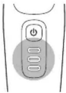 Simple line drawing of a remote control with three buttons and a 'Power' button (no text or symbols).