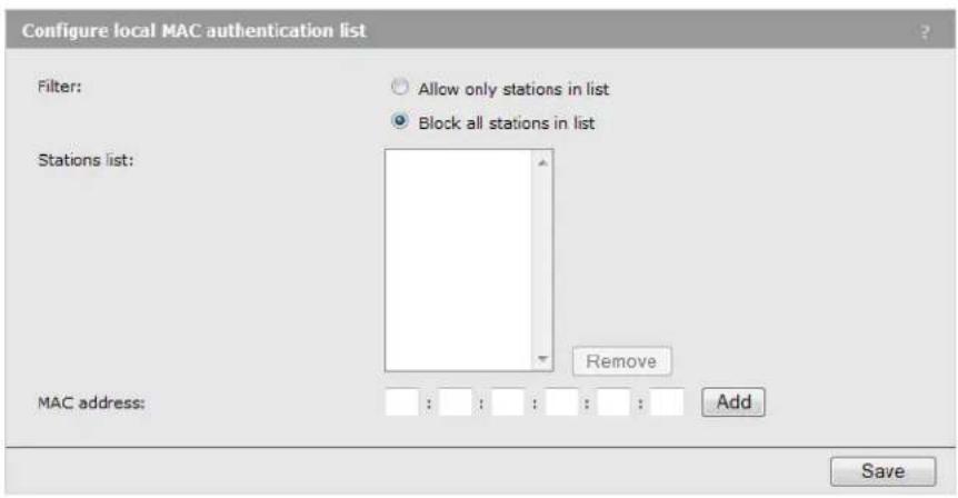 Configure local MAC authentication list Filter: Allow only stations in list Block all stations in list Stations list: Remove MAC address: : : : : : : Add Save