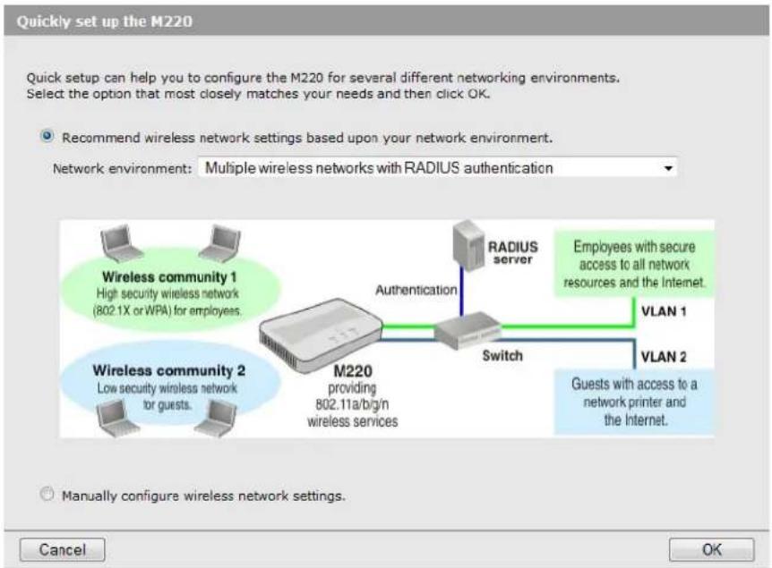Quickly set up the M220. Quick setup can help you to configure the M220 for several different networking environments. Select the option that most closely matches your needs and then click OK. Recommend wireless network settings based upon your network environment. Network environment: Multiple wire…