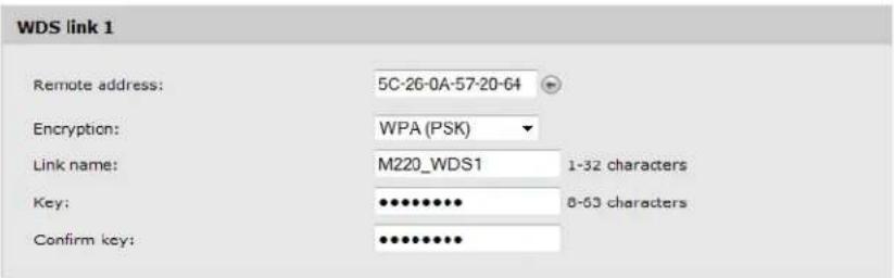 WDS link 1. Remote address: 5C-26-0A-57-20-64. Encryption: WPA (PSK). Link name: M220_WDS1 1-32 characters. Key: •••••••••• 0-53 characters. Confirm key: ••••••••••.