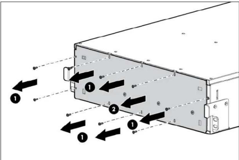 Diagram of a computer rack with numbered components and directional arrows indicating movement or force