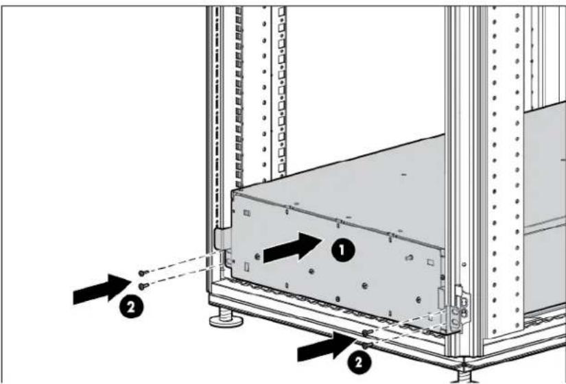 Technical diagram showing a server rack with labeled components and directional arrows indicating assembly or movement.