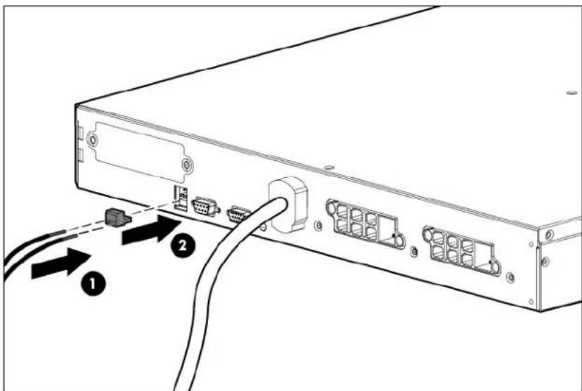 Diagram of a network device rear panel with labeled ports and cable connections.