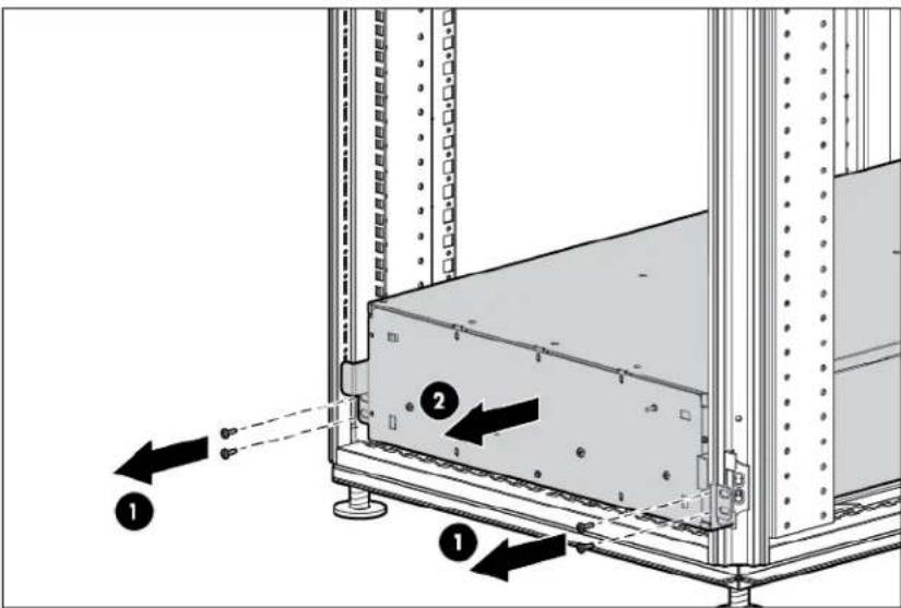 Technical diagram showing a server rack with labeled components and directional arrows indicating assembly or connection.